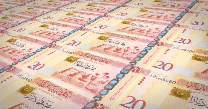 Banknotes of twenty libyan dinars of Libya rolling on screen, cash money, loop