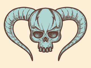 Aggressive monters skull with horns in blue color. Vector illustration