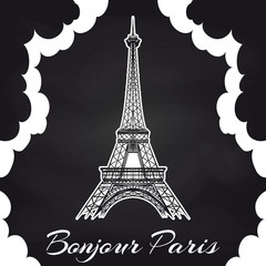 Fototapeta na wymiar Chalkboard Paris poster with Eiffel tower, clouds. Vector illustration
