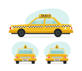 Set of cartoon yellow taxi car. Isolated objects on white background in flat cartoon style. illustration.