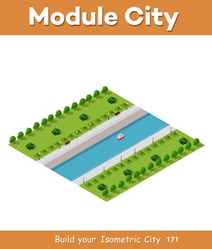 Isometric Vector Illustration Of Modern City With A Marina And River Embankment With Park