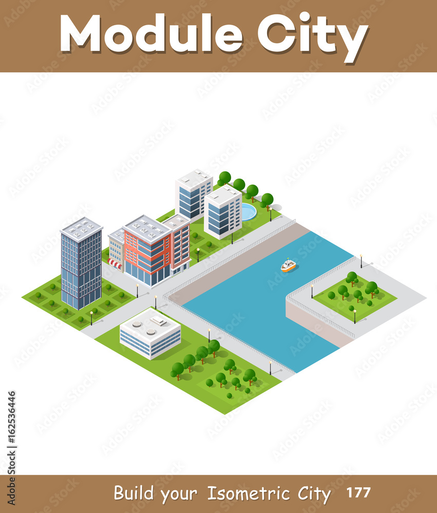 Wall mural Isometric vector illustration of a modern city with a marina and river embankment. Dimensions of skyscrapers, houses, buildings and urban areas parks with transport routes, boats and ships