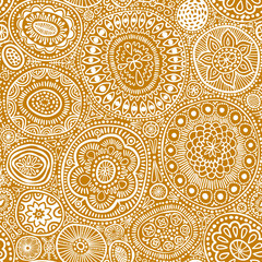 Seamless pattern. Seamless botanic texture, detailed dots and circles illustrations. Ethnic pattern in doodle style, summer floral background. All elements are not cropped and hidden under mask. White