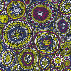 Seamless pattern. Seamless botanic texture, detailed dots and circles illustrations. Ethnic pattern in doodle style, summer floral background. All elements are not cropped and hidden under mask.