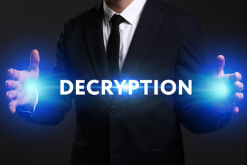 Business, Technology, Internet and network concept. Young businessman working on a virtual screen of the future and sees the inscription: Decryption