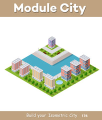 Isometric vector illustration of a modern city with a marina and river embankment. Dimensions of skyscrapers, houses, buildings and urban areas with transport routes