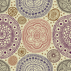 Seamless pattern. Seamless botanic texture, detailed dots and circles illustrations. All elements are not cropped and hidden under mask. Ethnic pattern in doodle style, summer floral background.