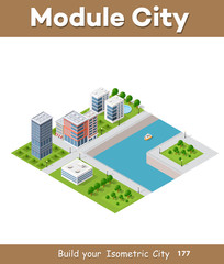 Isometric vector illustration of a modern city with a marina and river embankment. Dimensions of skyscrapers, houses, buildings and urban areas parks with transport routes, boats and ships