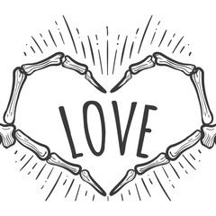 Obraz premium Hand drawn skeleton hand love sign on white background, vector illustration