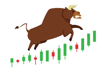 Bull treading on the stock market.  bull (market) running up on technical graph.  Stock exchange market bulls metaphor. Growing, rising up stock price.  Trading Flat style vector illustration EPS10.