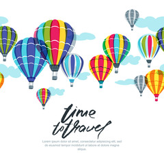 Fototapeta premium Vector horizontal seamless background with hot air balloons in the sky. Hand drawn doodle illustration. Design concept for summer travel, holidays and tourism banner, poster, backgrounds.