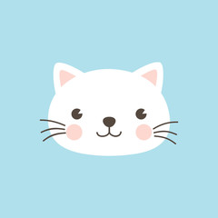 Cat face character. A cute white kitten on sky blue background Vector illustration for greeting card, invitation. 