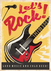 Rock music party retro poster design with electric guitar on grunge yellow background