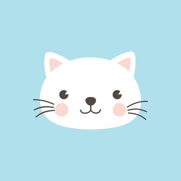 Cat face character. A cute white kitten on sky blue background Vector illustration for greeting card, invitation. 