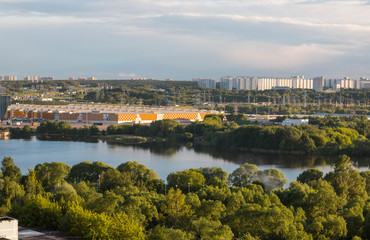 MOSCOW, RUSSIA - June, 2017: Kapotnya, Moskva Reka, Maryno and Brateevo, outskirts of UVAO Moscow, Russia. Summer view of city, park and Moscow River. Evening
