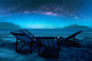 Landscape view of the milky way in night sky over beach, Thailand