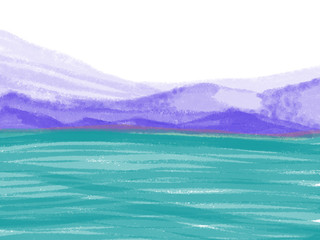 Colorful abstract hand drawn view of mountains with trees and lake on white background, isolated landscape illustration in violet and blue color painted by watercolor, pen ink on canvas, high quality