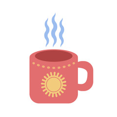 The mug is red with a pattern of the sun, with steam. In flat design style. Cup isolated. White background. Vector illustration.