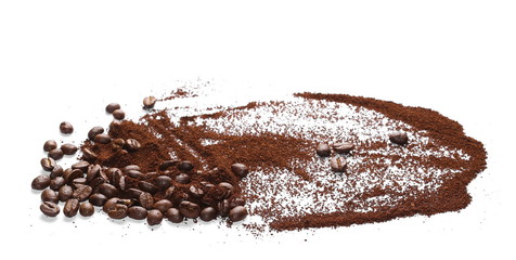 Pile of powdered, instant coffee and beans isolated on white background
