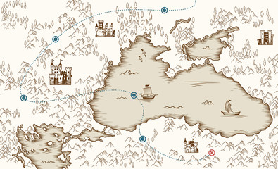 Naklejka premium Medieval cartography, old pirate treasure map, vector illustration