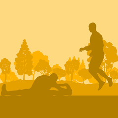 Naklejka na ściany i meble Warm up exercise man in park vector background landscape