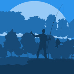 Fototapeta na wymiar Fisherman near pond and trees vector landscape background