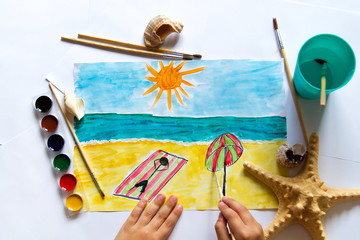 Kid's painting of holiday landscape - Sea,sky and beach