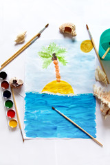 Kid's painting of holiday landscape - Sea,sky and beach