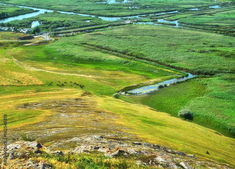 Poster Beautiful summer landscape in Dobrogea region, Romania. View from Enisala medieval fortress.