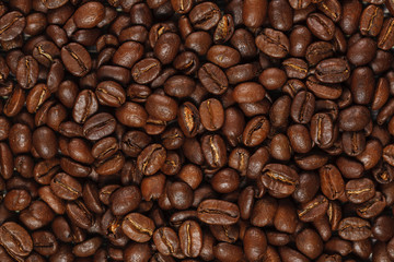 roasted coffee beans. Top view