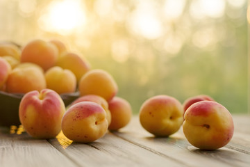 Ripe apricots in basket on wooden background