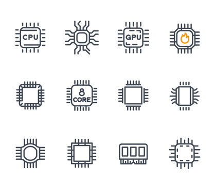 Chipset, cpu line icons, microchip, 8 core processor, microcircuit