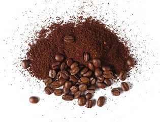 Pile of powdered, instant coffee and beans isolated on white background, top view