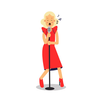 Young blonde woman in red dress singing with microphone cartoon character vector Illustration