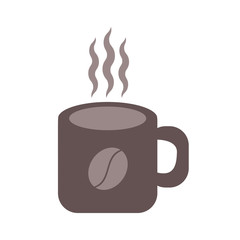 The mug is brown with a pattern of the coffee, with steam. In flat design style. Cup isolated. White background. Vector illustration.