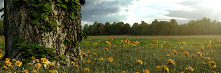 Fototapeta premium Baumstamm mit Efeu überwachsen vor Blumenwiese mit lauter Löwenzahn Blumen