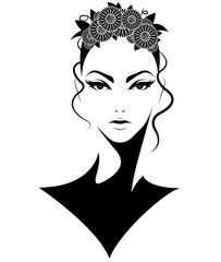 women short hair style icon, logo women with flowers on white background