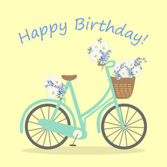 Greeting card with a birthday, drawing a bicycle with a basket and bouquets of flowers white daisy.