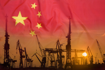 Industrial concept with China flag at sunset