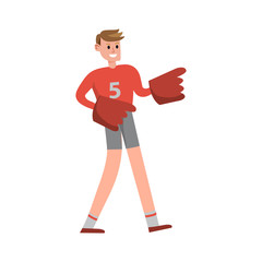 American football fun supporter raising hands wearing foam finger cartoon character vector Illustration