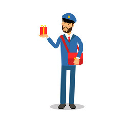 Postman in blue uniform with red bag delivering gift box cartoon character, express delivery mail vector Illustration