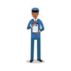 Smiling postman in blue uniform holding clipboard cartoon character, express delivery mail vector Illustration