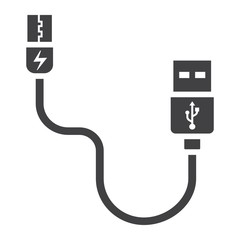 USB cable solid icon, connector and charger, vector graphics, a glyph pattern on a white background, eps 10.