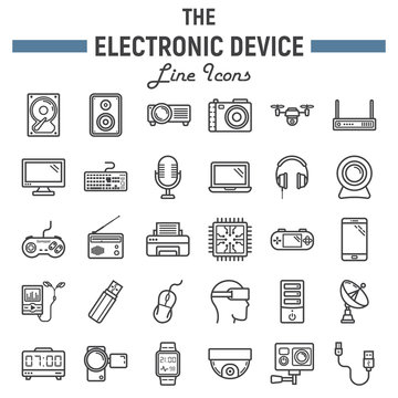 Electronic device line icon set, technology symbols collection, vector sketches, logo illustrations, linear pictograms package isolated on white background, eps 10.
