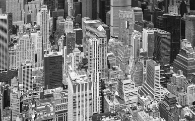 Black and white aerial picture of Manhattan skyscrapers, New York City, USA.