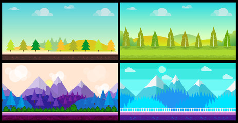 Set of 4 cartoon nature backgrounds and landscapes with different seasons. Beautiful vector illustrations for your design.