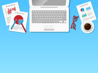 Concept of workplace with reports and laptop. Vector.