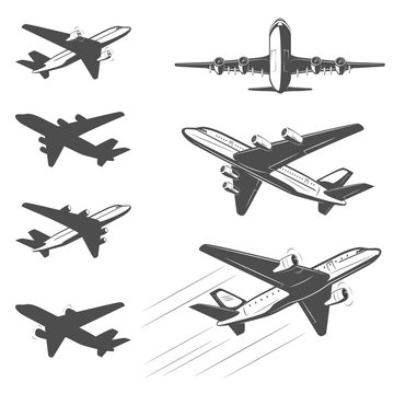 
The silhouette of a passenger airplane in a flight. From different angles. For advertising and design.