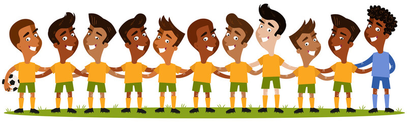 Fototapeta premium Cartoon illustration of south american men's football team lineup standing on football field isolated on white background