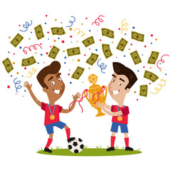 Confetti and banknotes showering winning cartoon football players in red shirts celebrating victory holding trophy isolated on white background